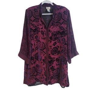 Yi Lin Womens Silk Blend Burnout Velvet Tunic Top Purple Floral Button Front 1X
